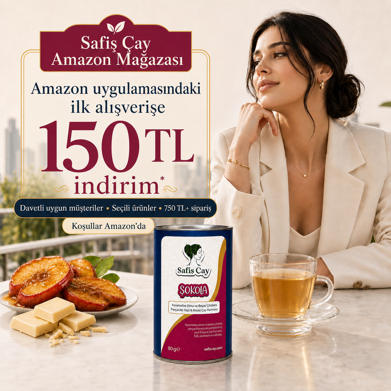 Safiş Çay Şokola ürünü ve Amazon uygulamasındaki ilk alışverişe 150 TL indirim kampanyası